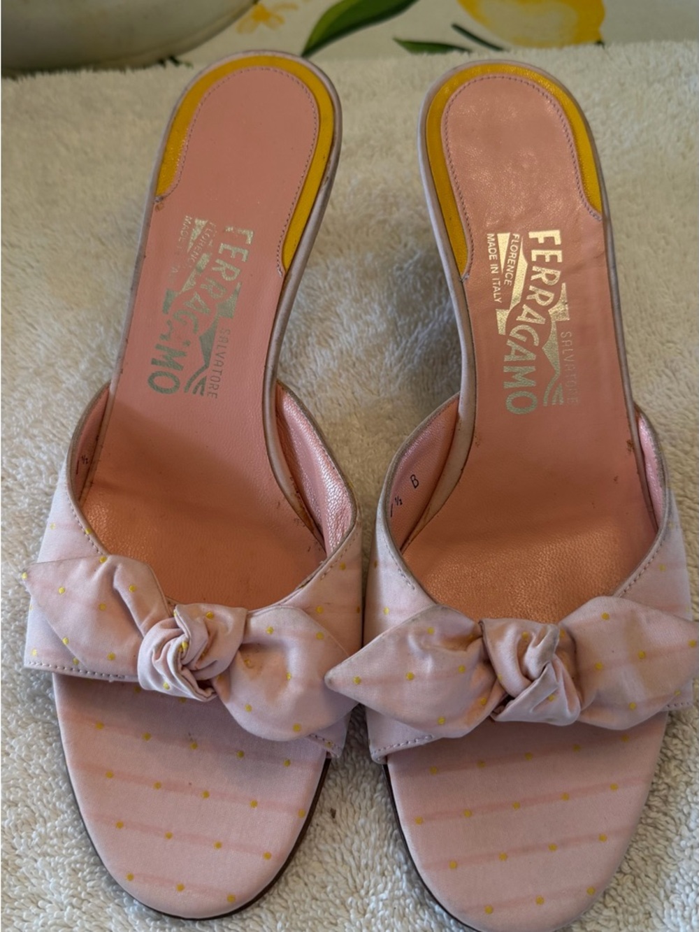 Salvatore Ferragamo Pink and Yellow Knot Slide Mules